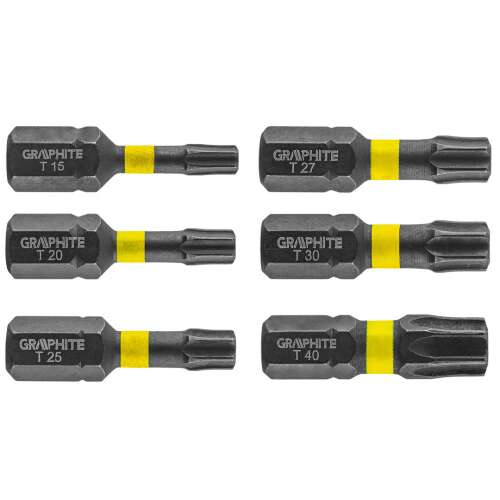 Zestaw 6 bitów Torx GRAPHITE, rozmiary T15, T20, T25, T27, T30, T40, długość 25 mm, stal S2, napęd 1/4 cala