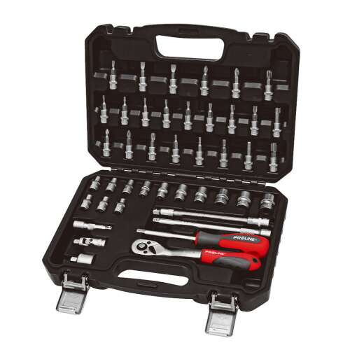 Proline 1/4 hüvelykes csőkészlet 43 darabos, tartalmazza a csöveket, hosszabbítókat, biteket és egy villáskulcsot, műanyag tokban