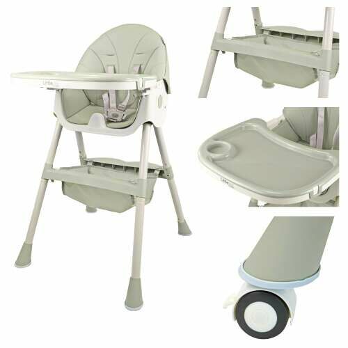 Collage of Pepita Happy high chair features: storage, tray, wheels