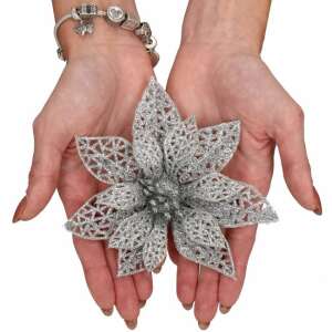 Ezüst csillámos karácsonyi mikulásvirág dísz, Springos - Springos