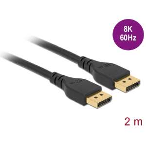 Cablu DisplayPort DeLOCK 85910 2m negru, 8K 60Hz, 32,4 Gbps, 30 AWG, ecranat triplu, conectori placati cu aur, suportă HDR, HDCP 1.4 și 2.2, Display Stream Compression 1.2 - Porturi Display