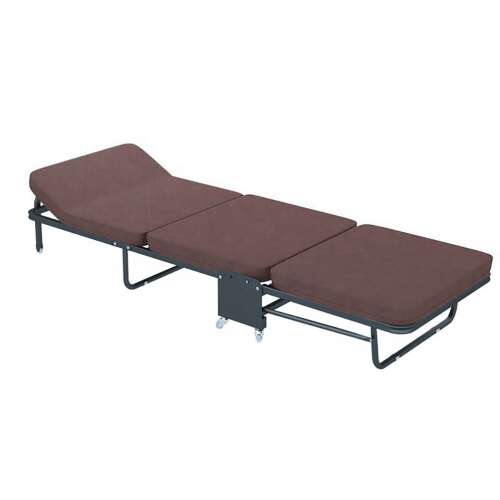 Timeless Tools guest bed in brown, unfolded, with adjustable backrest, wheels, and comfortable mattress
