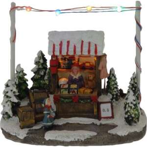 Karácsonyi falusi ajándékbódé 7 LED világítással, piros csíkos