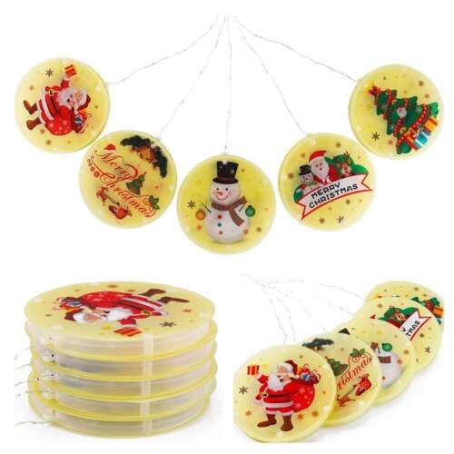 Christmas lights with round LED lights featuring Santa Claus, snowman, Christmas tree, and reindeer designs
