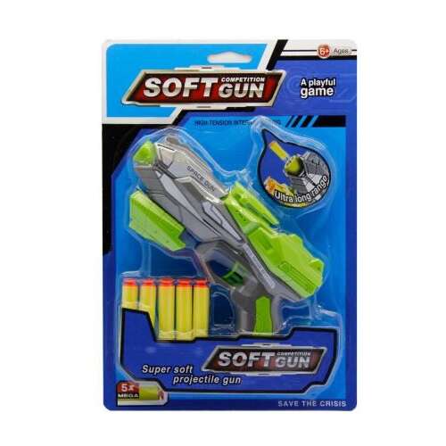 Zöld és szürke szivacs lövedékes játékpisztoly 5 sárga hab lövedékkel, verseny szivacs pisztoly, mentsd meg a válságot, extra hosszú hatótávolság, űrpisztoly