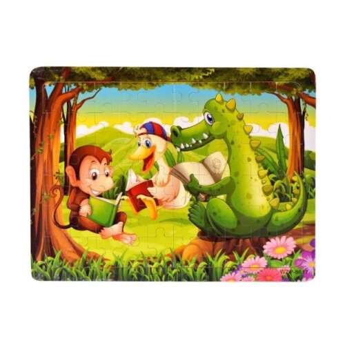 60 darabos fa puzzle, amelyen egy majom, kacsa és krokodil olvas könyvet az erdőben