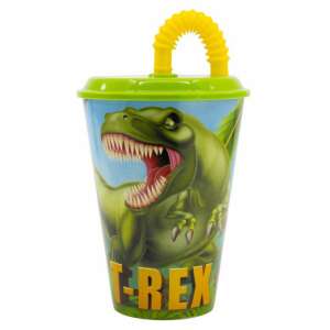 T-Rex Dinosaurier Trinkbecher mit Strohhalm, 430 ml, Kunststoff, grün, gelber Strohhalm, BPA-frei - Gläser