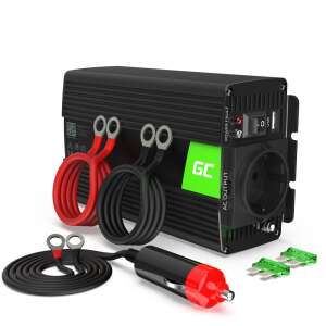 Invertor auto Green Cell 500W/1000W cu undă sinusoidală modificată, 12V la 230V, include cabluri, adaptor pentru brichetă și siguranțe - Invertoare auto