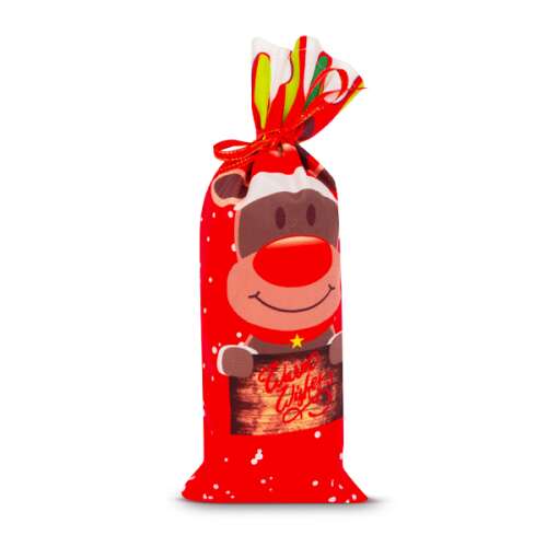 Red Christmas bottle bag with reindeer design, perfect for wrapping a bottle of wine or spirits as a gift