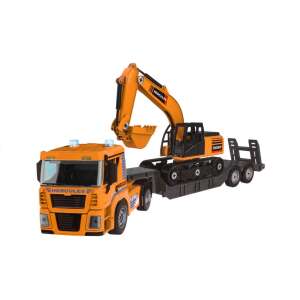 Orange toy construction truck with excavator on flatbed trailer, Hercules brand - Ramiz