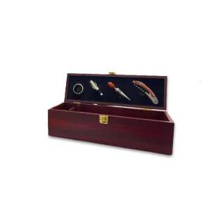 Fa bor ajándékdoboz bornyitóval, dugóval, kiöntővel és palackdugóval - Borospalack tartó