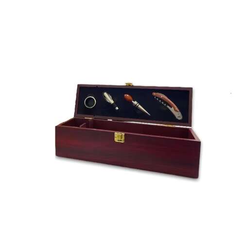 Fa bor ajándékdoboz bornyitóval, dugóval, kiöntővel és palackdugóval