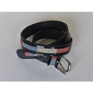 Fekete bőr öv vörös, fehér és kék strassz díszítéssel - Női öv