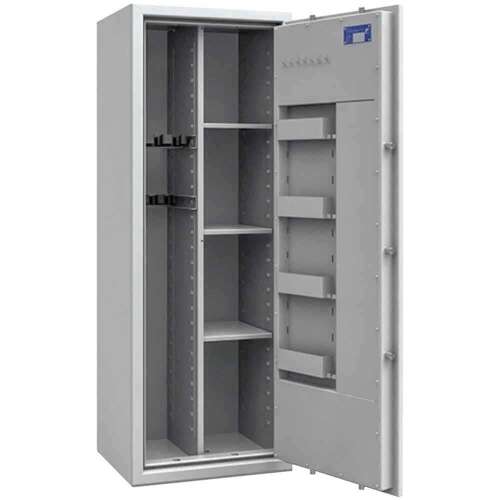 ISS Premium MAX fegyverszekrény, nyitott ajtóval, belső polcokkal és fegyvertartókkal