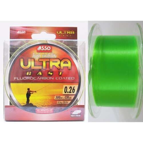 ASSO Ultra Cast Fluorocarbon bevonatú horgász zsinór, 300m, 0,26mm, Magas láthatóság, Zöld