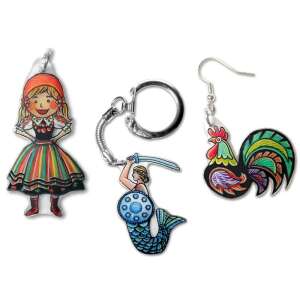 Keychain and earring set featuring a Polish folk dancer, a mermaid warrior, and a rooster - Creative Toy