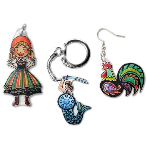 Keychain and earring set featuring a Polish folk dancer, a mermaid warrior, and a rooster