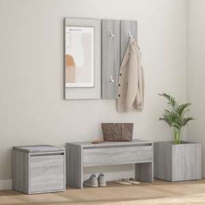 Set de mobilier pentru hol vidaXL gri Sonoma din lemn asamblat, set de mobilier pentru hol cu bancă, oglindă, suport pentru haine, cutie de depozitare și ghiveci - Seturi mobilier de hol