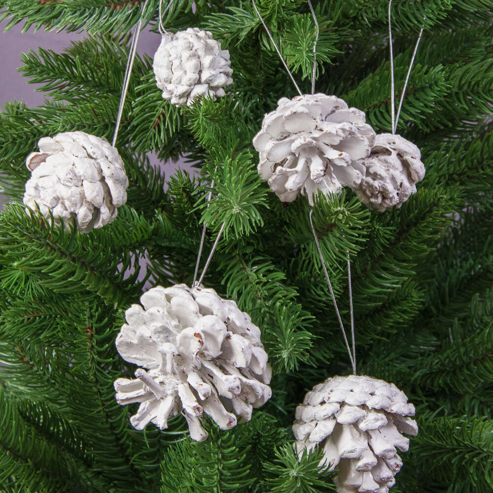 Karácsonyi Toboz Dísz - Fehér - 6 db - 6cm