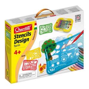 Quercetti Stencils Design Farm Malvor-Schablonen-Set für Kinder, enthält 4 Schablonen, 12 Filzstifte und ein Album - Zeichengeräte
