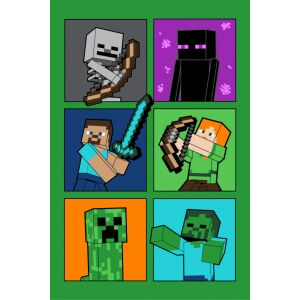 Minecraft Karakterek Polár Takaró 100x150cm, Steve, Creeper, Alex, Enderman, Skeleton és Zombie mintával - Ágytakaró