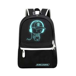Kruzzel reflektierender Rucksack mit USB- und Jack-Anschluss, schwarz mit einem Cartoon-Charakter-Design - Zubehör Kleidung