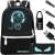 Kruzzel reflective backpack with USB and jack connector, black, set with accessories including a pencil case, combination lock, USB cable, and headphone jack cable