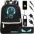Kruzzel reflective backpack with USB and jack connector, black, set with accessories including a pencil case, combination lock, USB cable, and headphone jack cable