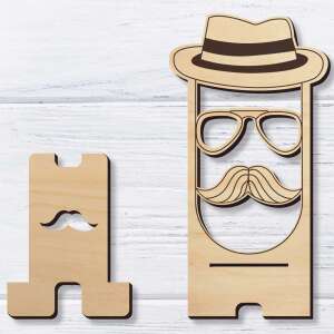 Fából készült telefonállvány úriember arccal, lézergravírozva, tökéletes a telefonod függőleges tartásához - Vicces ajándék