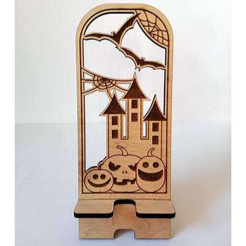 Fából készült Halloween telefon állvány tök és kastély mintával