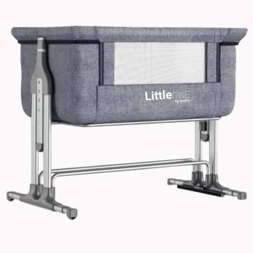 LittleONE szülői ágyhoz csatlakoztatható Kiságy matraccal és dönthető funkcióval + szúnyogháló #szürke
