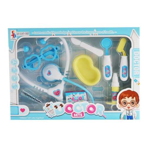 9 darabos orvosi játék készlet gyerekeknek, tartalmaz sztetoszkópot, szemüveget, hőmérőt, fecskendőt és még sok mást