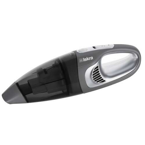 Iskra BR-2201B10 cordless handheld vacuum cleaner, grey and silver, with transparent dustbin