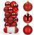 Springos red Christmas ornaments in clear container with ornament examples