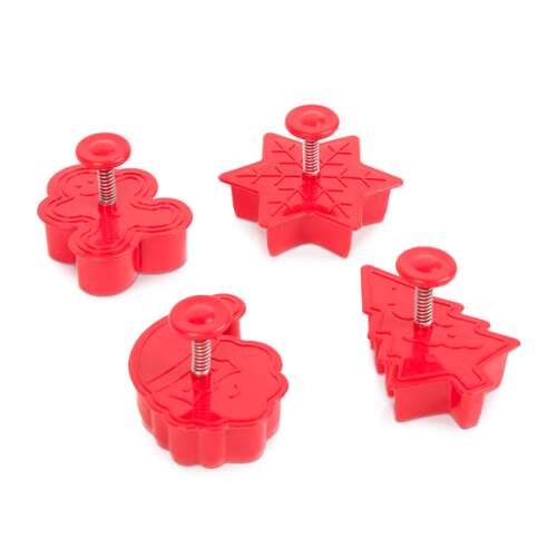 Set of 4 red plastic cookie cutters with spring-loaded plungers, featuring gingerbread man, snowflake, Santa Claus, and Christmas tree shapes