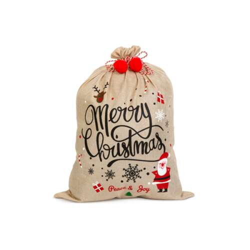 Mikulás zsák, karácsonyi zsák, ajándékzsák, zsákszövet zsák, Merry Christmas, Mikulás, rénszarvas, hópelyhek, béke és öröm, 70 x 50 cm