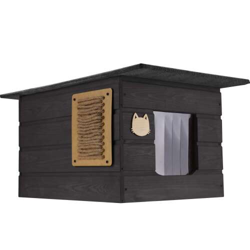 Cool insulated cat house with scratching post and name tag, dark gray