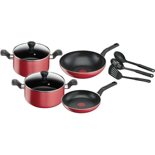 Tefal Super Cook 9-częściowy zestaw naczyń kuchennych, czerwony, zawiera garnki, patelnie i przybory
