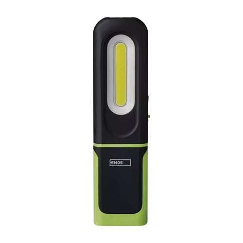 Emos rechargeable LED work light, green and black, front view
