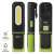 Emos rechargeable LED work light, green and black, front, back and side view with features