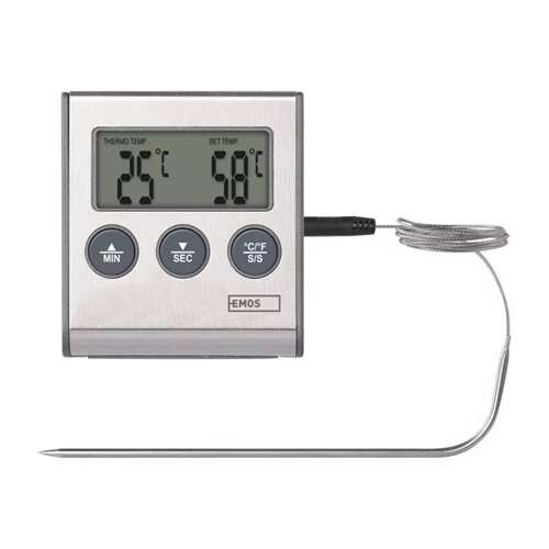 Emos digitaler Garthermometer mit Sonde, zeigt die aktuelle und die eingestellte Temperatur