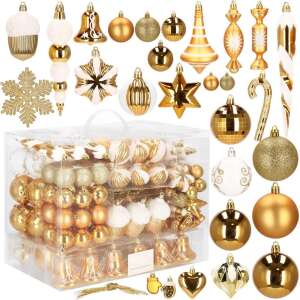 Springos Weihnachtsbaumschmuck-Set, 155 Stück, gold, mit verschiedenen Formen und Designs, darunter Kugeln, Sterne, Glocken, Zuckerstangen und Schneeflocken - Christbaumschmuck