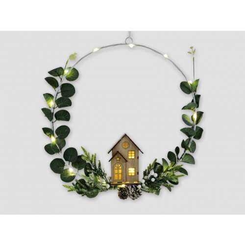 LED világító házikós ajtódísz, 32cm, karácsonyi dekoráció