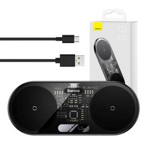 Încărcător wireless dual Qi Baseus Digital LED Display, negru - Încărcătoare wireless