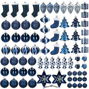 77 piece dark blue and white Christmas ornament set, featuring various shapes and designs - Springos
