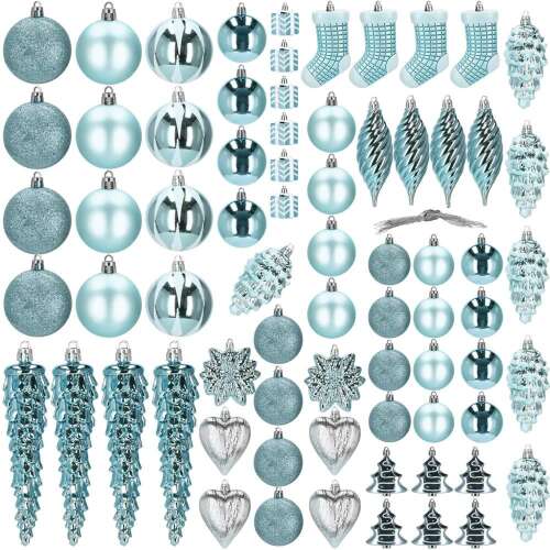 Springos 72 piece blue and white Christmas ornament set, featuring various shapes and finishes