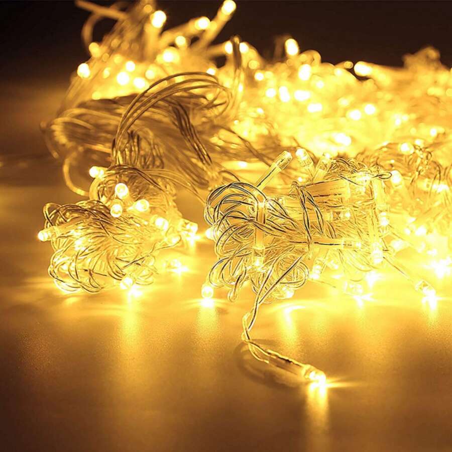 192 Sir de lumina baterie LED, cu fir transparent, alb cald, 14 m