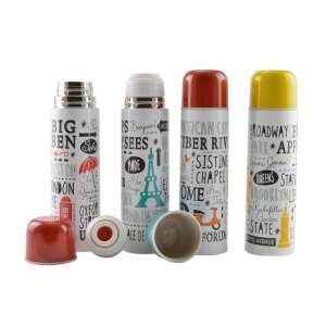 Perfect Home 500 ml termos z nehrdzavejúcej ocele s mestskými dizajnmi, zobrazených je 4 rôznych dizajnov: Londýn, Paríž, Rím, New York - Preprava jedla a nápojov