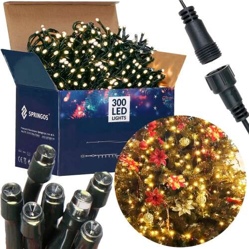 Springos 300 LED warm white fairy lights, 19.5m long, with packaging and usage examples