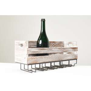 Nástenný stojan na víno z bieleho dreva s kovovými držiakmi na poháre, pojme 6 pohárov a 1 fľašu - Barové pomôcky